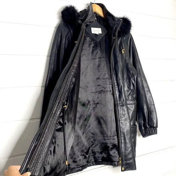 Vintage Genuine Lambskin Leather Black Parka w/ Fox Fur Trimmed Removable Hood - Picture 12 of 15